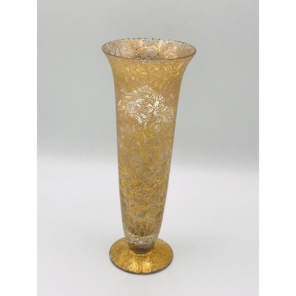 Vintage Lotus 22 karat gold vase. Floral pattern. 8 1/4” tall x 3”opening. - Picture 2 of 8